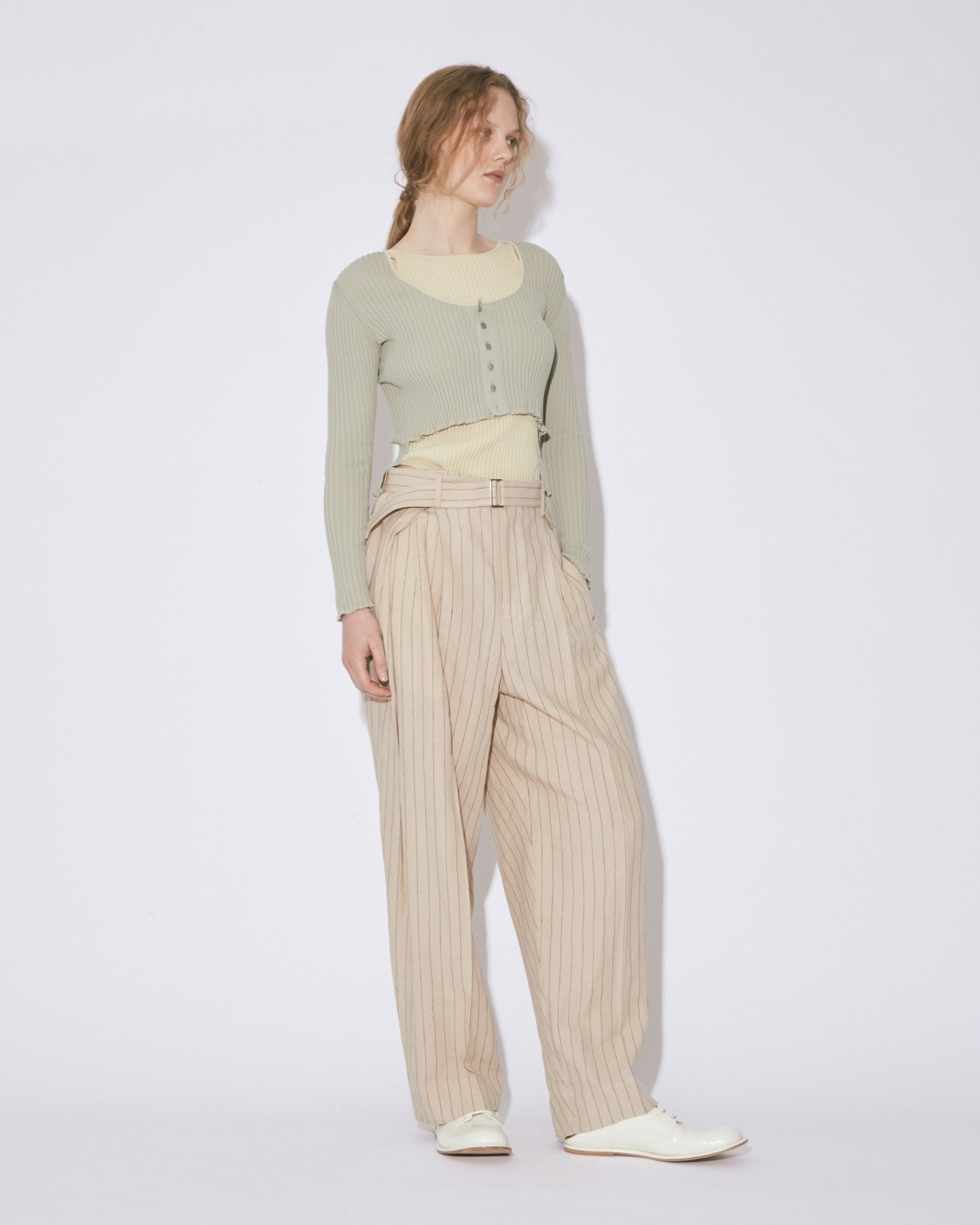 linen pinstripe 3tuck semiwide pants