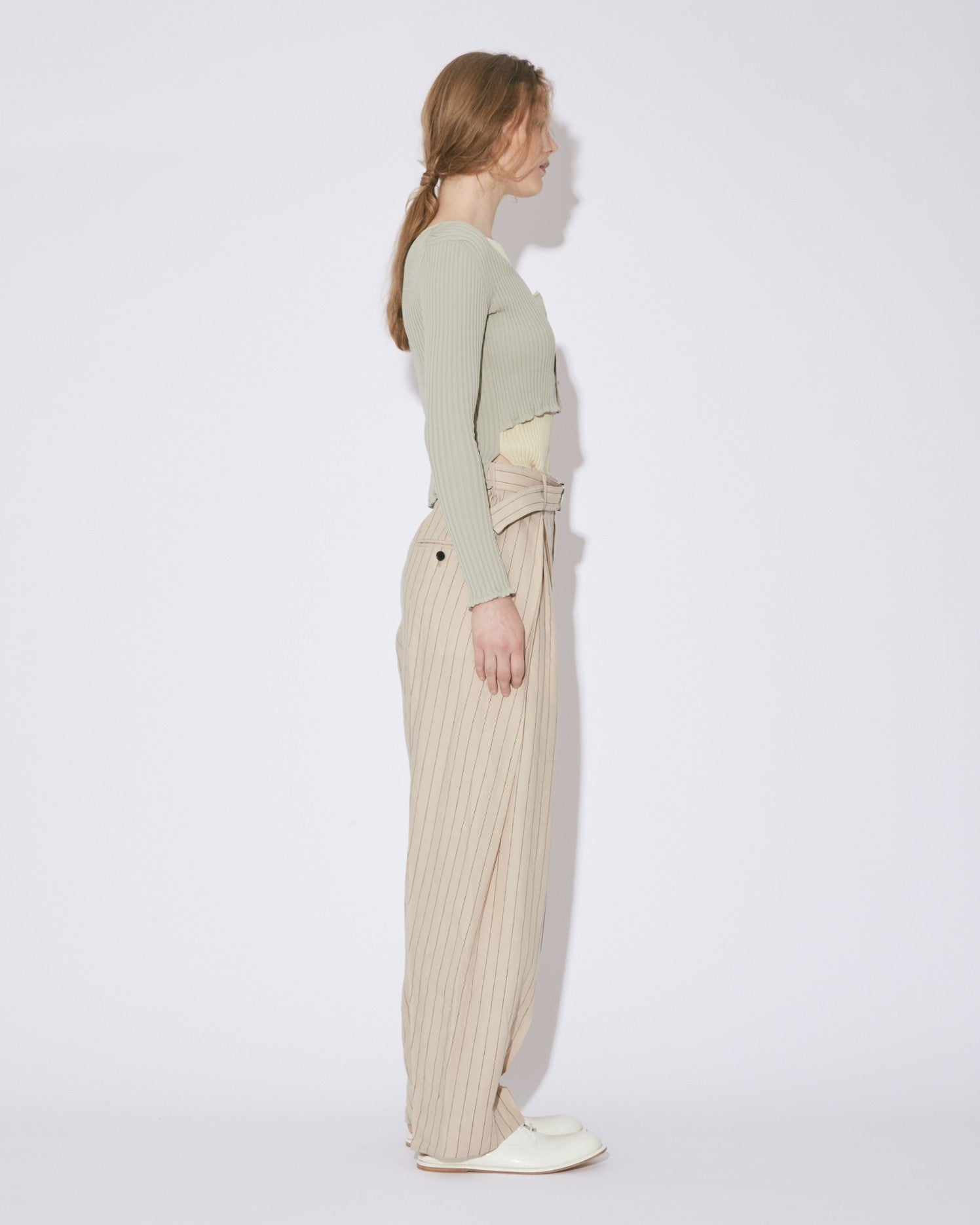 linen pinstripe 3tuck semiwide pants