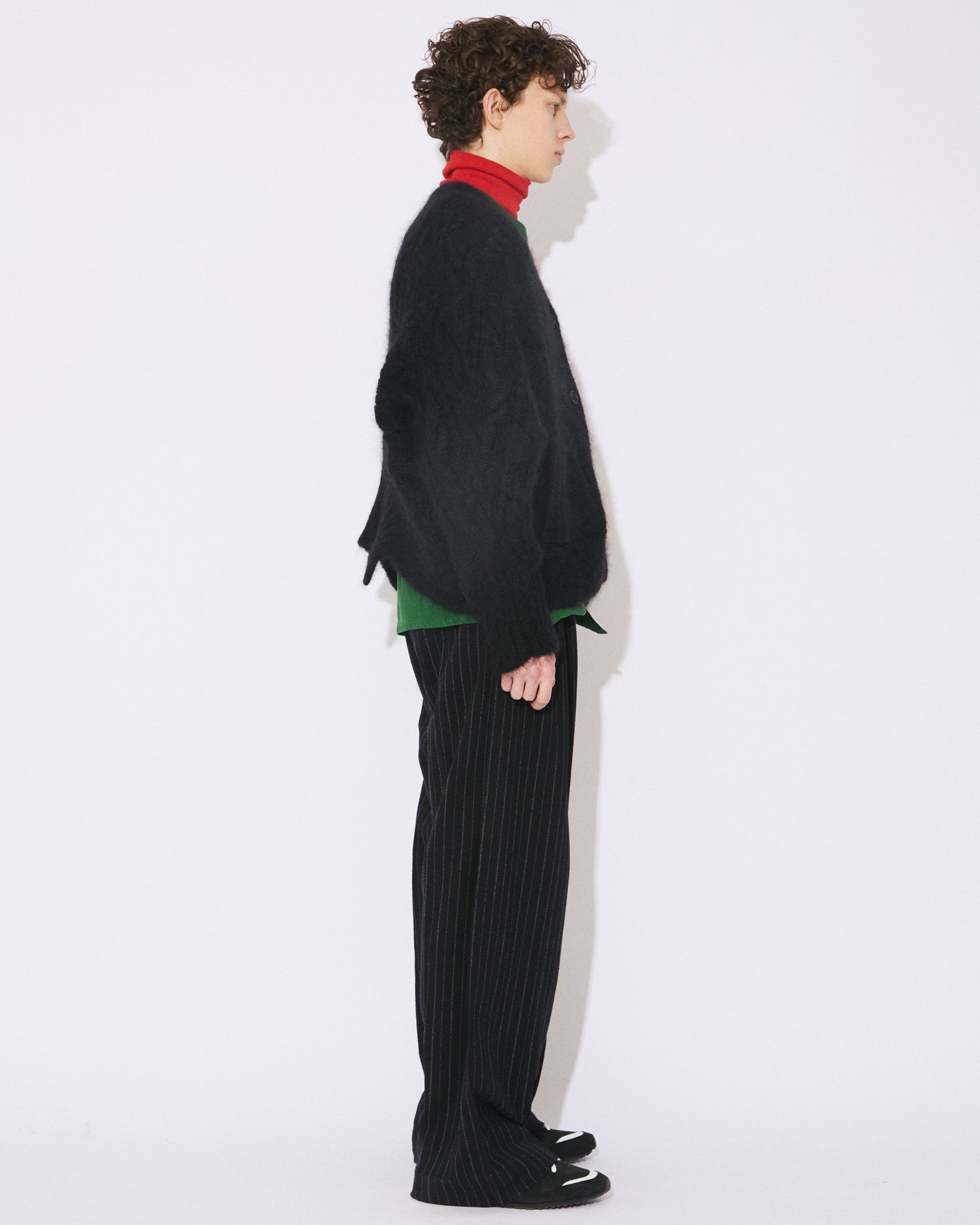 9月下旬入荷】double-end mohair polyester laced alan cardigan