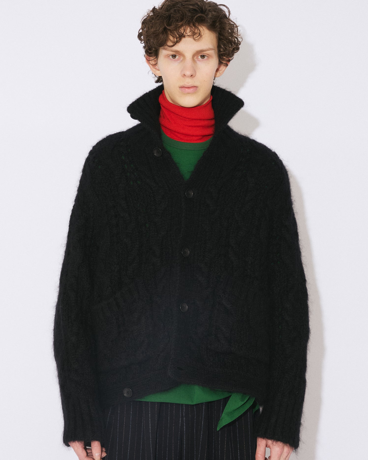 ワイズ　Y‘s 短丈　ウール　厚手　カーディガン　2 M 黒　ハイネック 9月下旬入荷】double-end mohair polyester laced alan cardigan