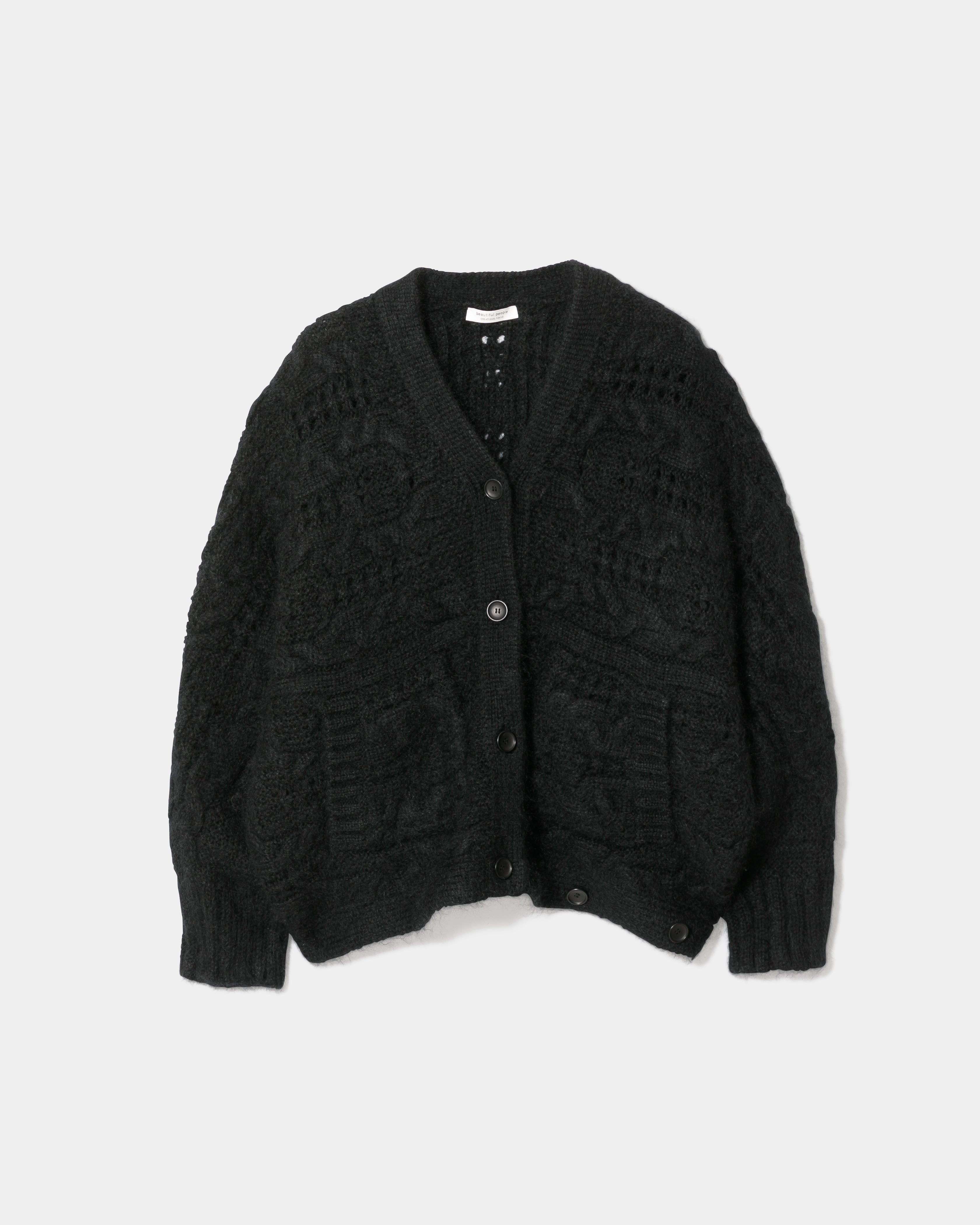 9月下旬入荷】double-end mohair polyester laced alan cardigan