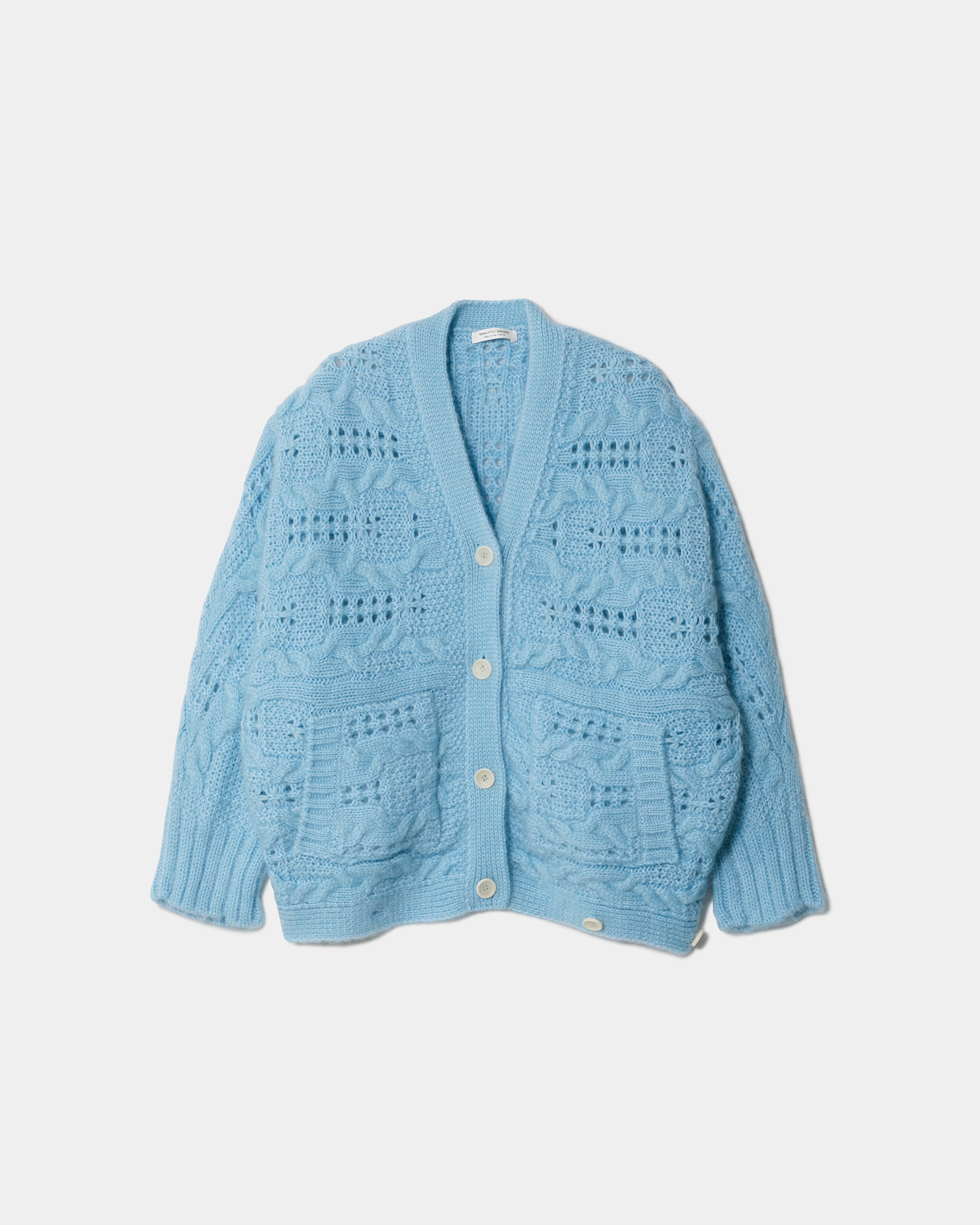 9月下旬入荷】double-end mohair polyester laced alan cardigan
