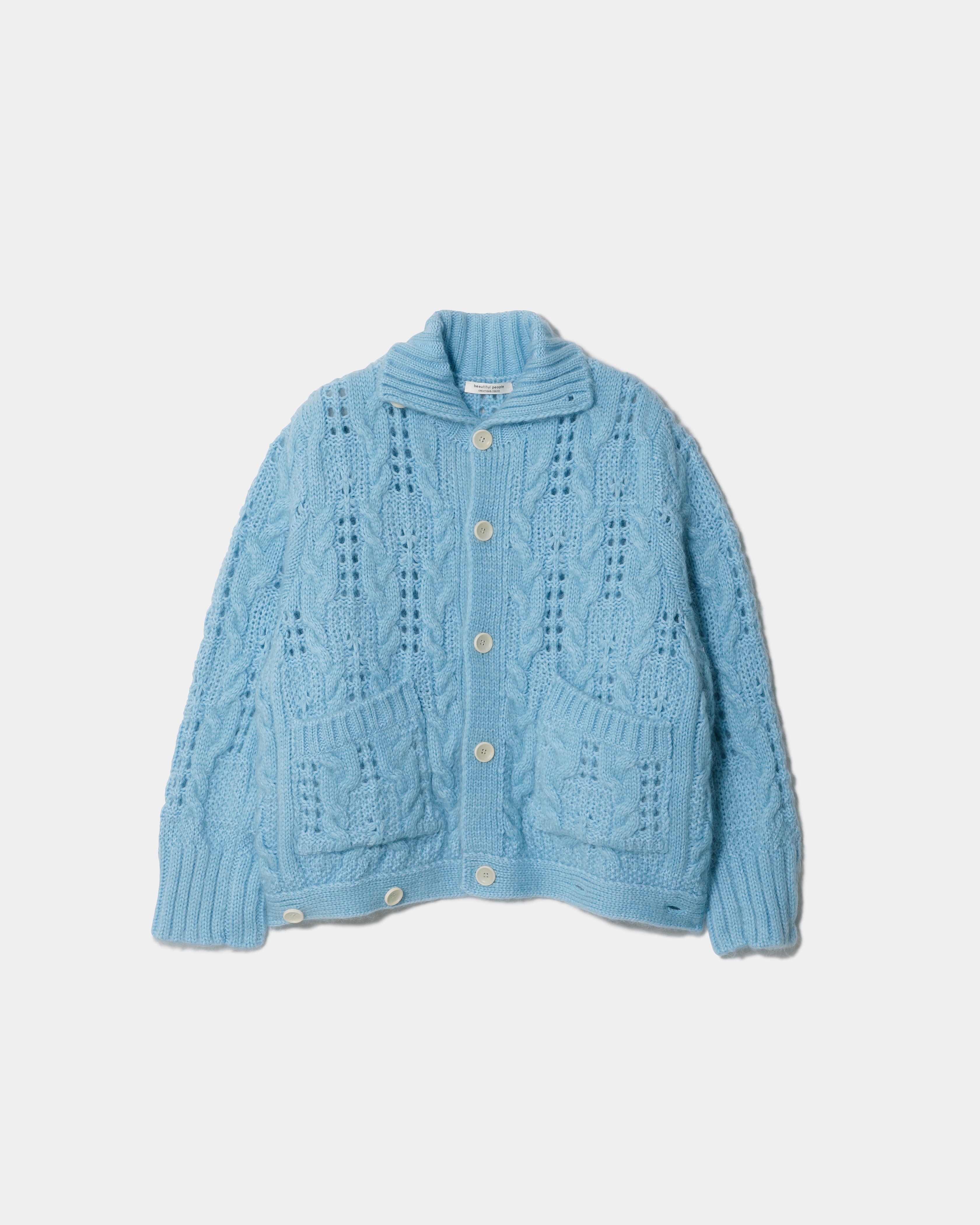 9月下旬入荷】double-end mohair polyester laced alan cardigan