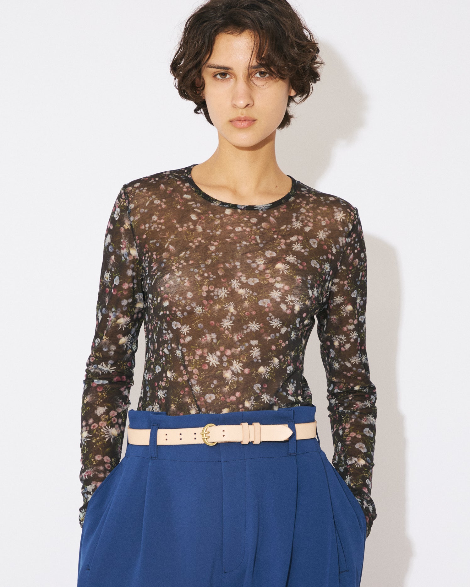 葉っぱbeautiful people flower sheer jersey tight-fit crew neck top – beautiful people